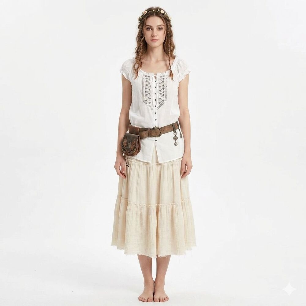 Women’s Medieval Cotton Silk Peasant Blouse White Boho Renaissance Top | Size 8